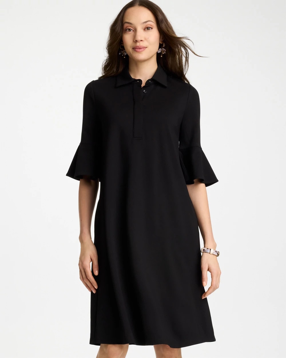 Black Knit Flounce Sleeve Dress