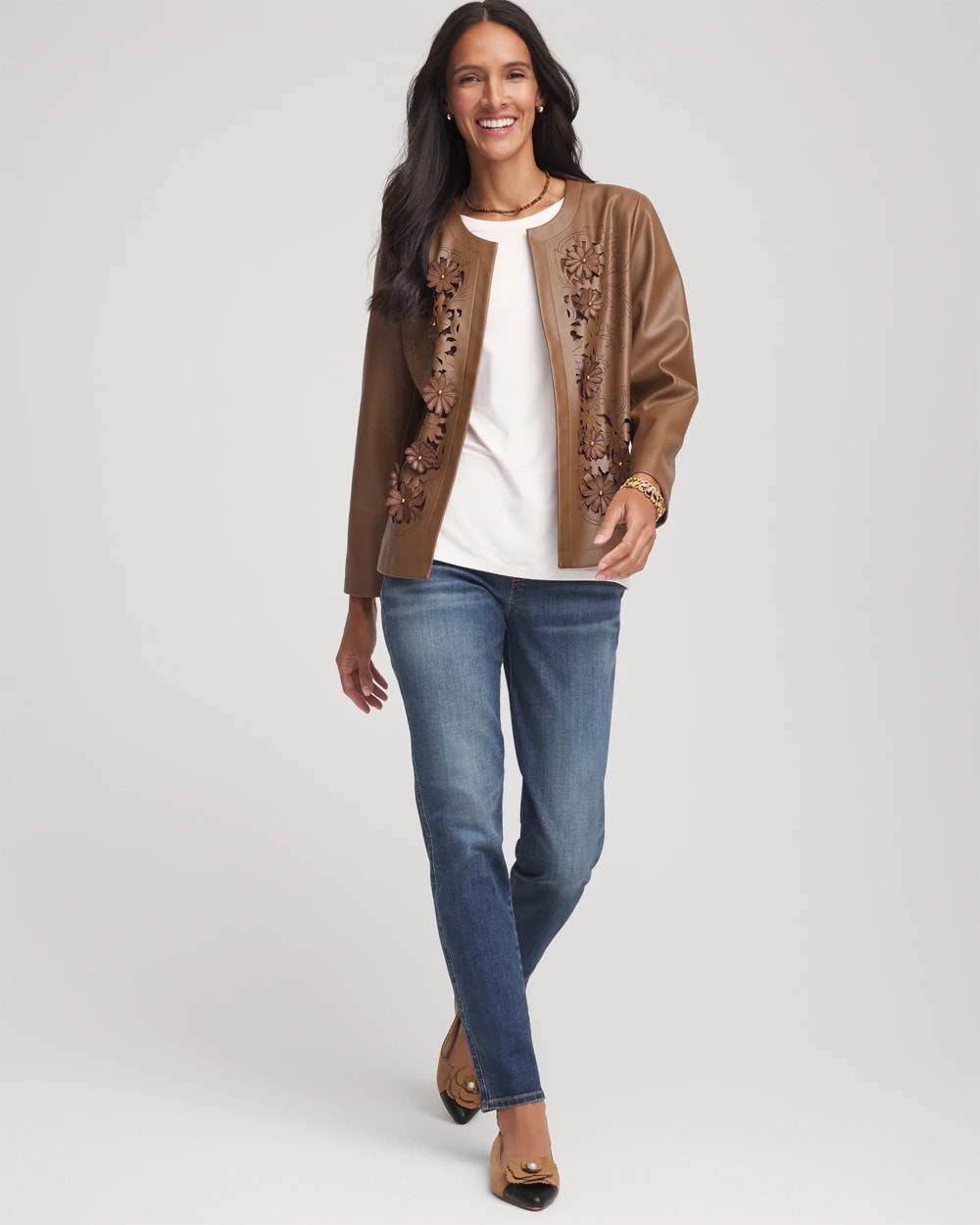 Chocolate Truffle Floral Cutwork Faux Leather Jacket