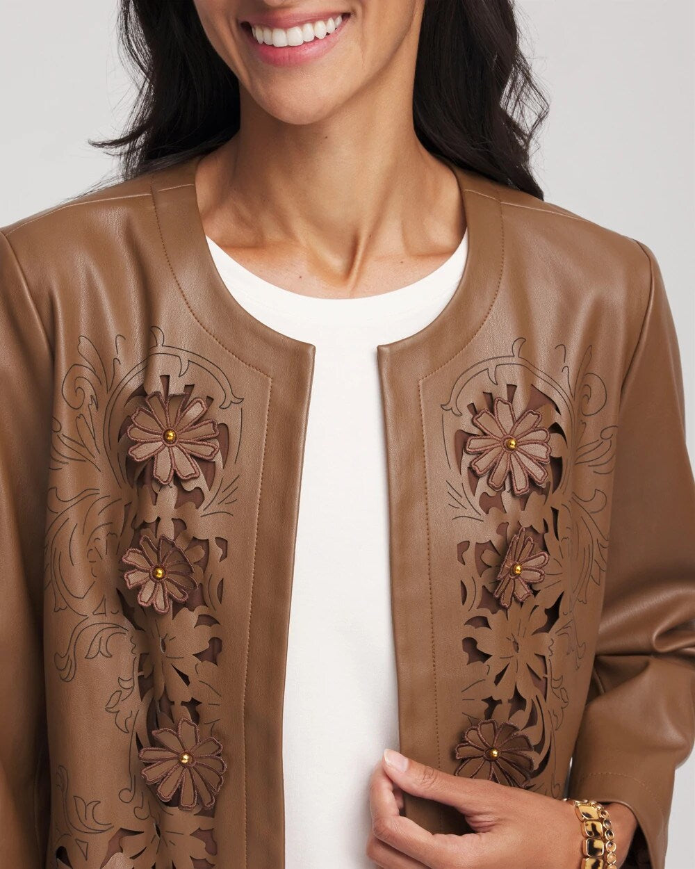 Chocolate Truffle Floral Cutwork Faux Leather Jacket