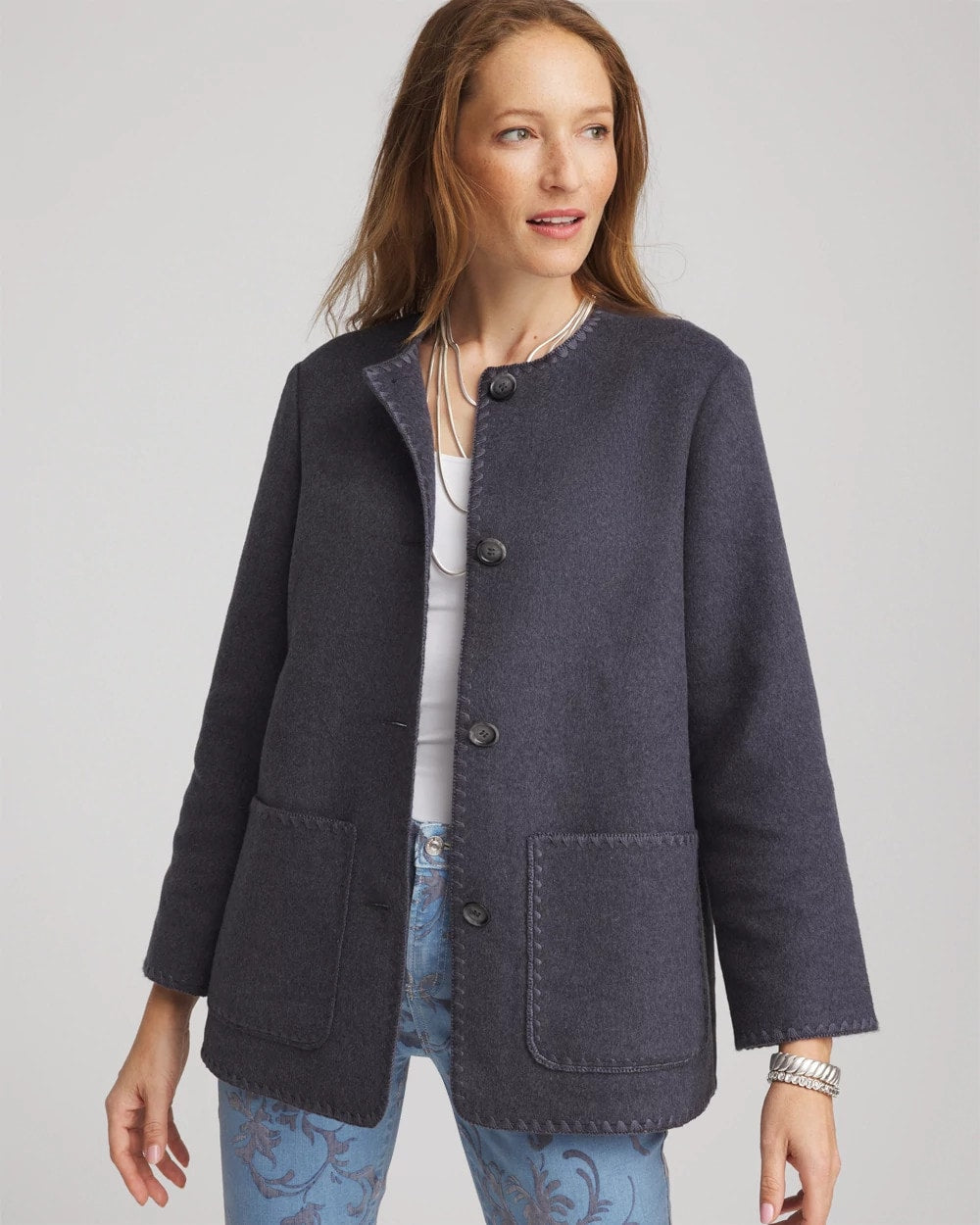Dark Denim Heather Wool Scarf Jacket