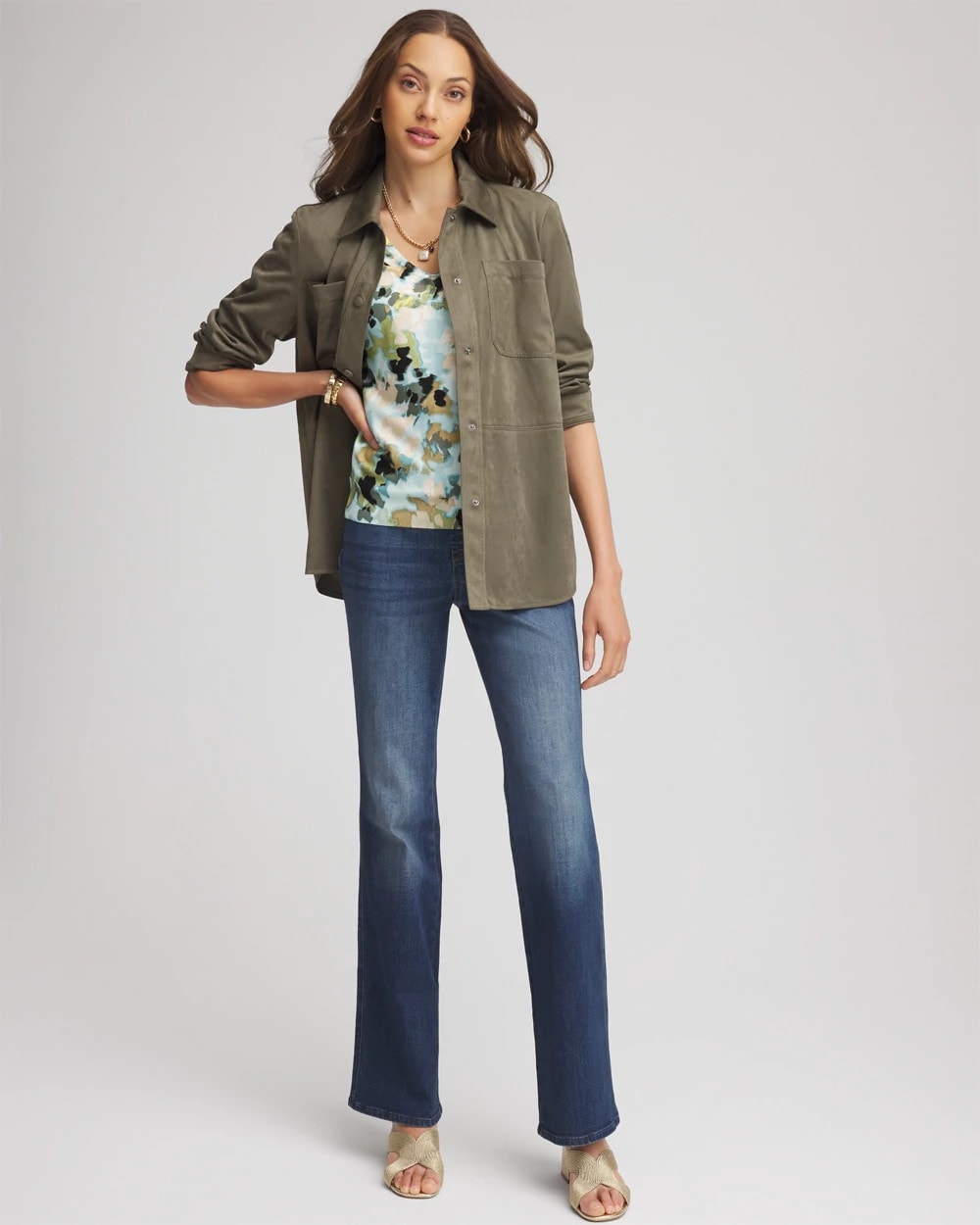Nettle Leaf Suede Collared Long-Sleeved Shacket