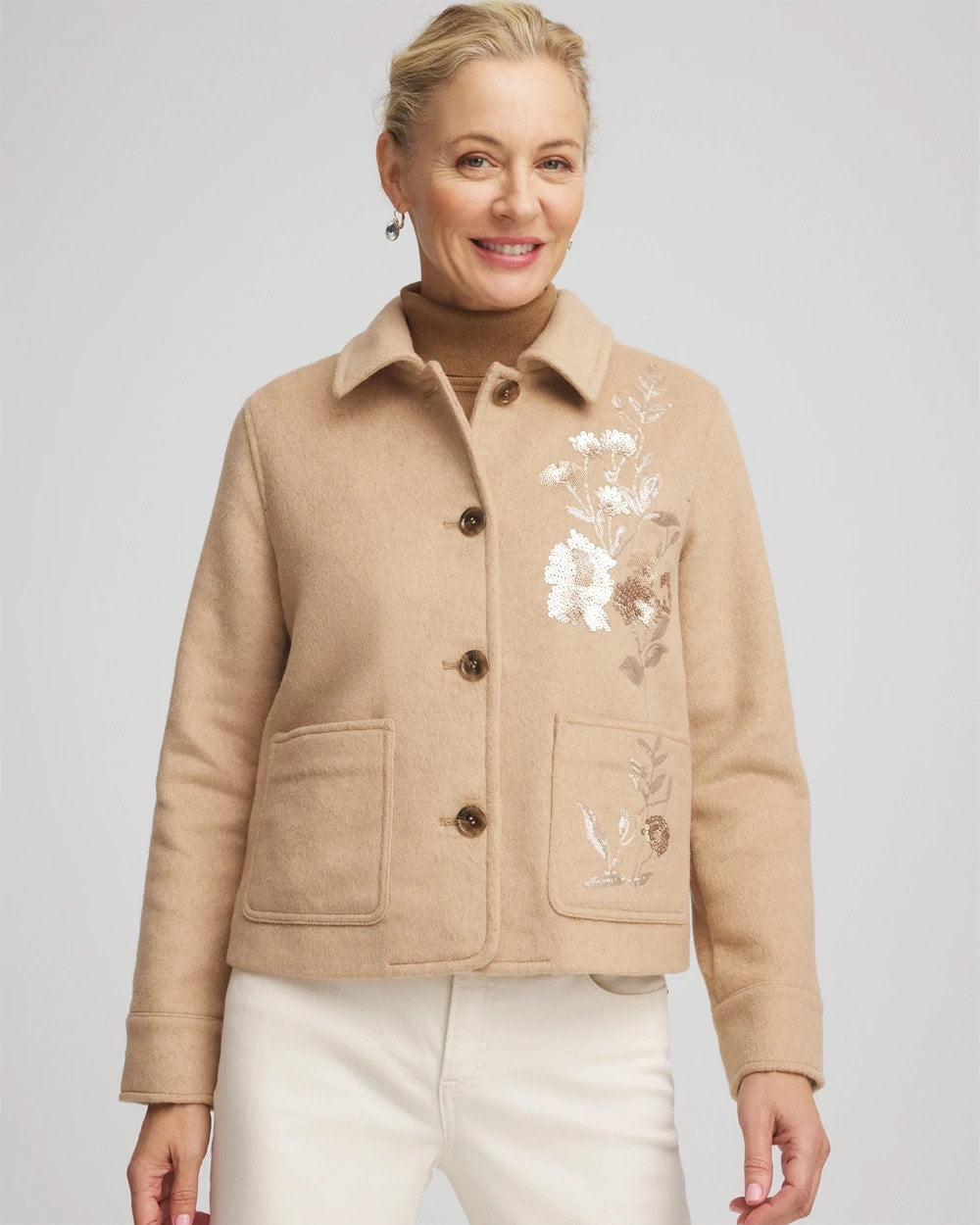 Light Taupe Heather Embroidered Wool Chore Jacket