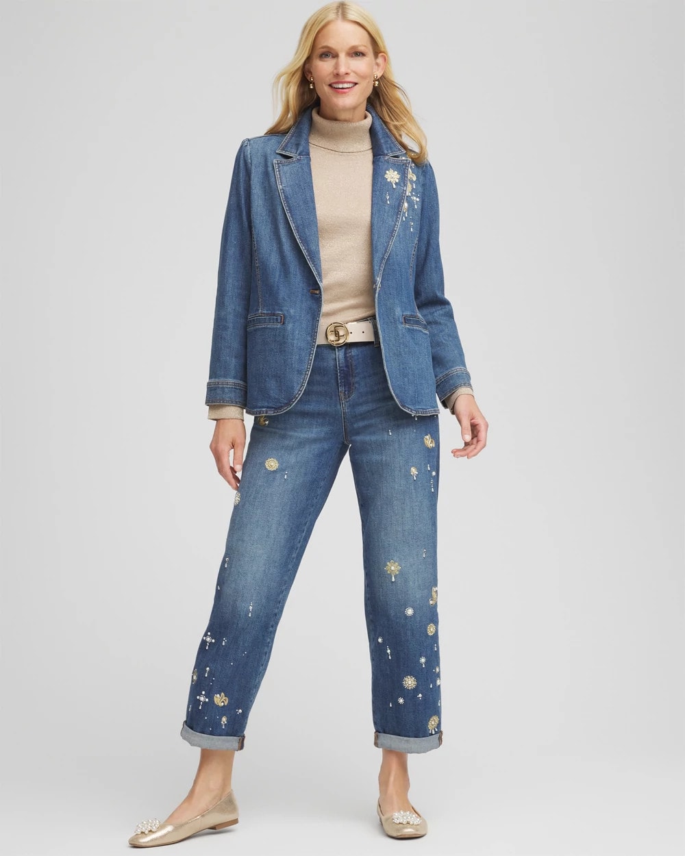 Kiruna Indigo Pearl Brooch Denim Blazer
