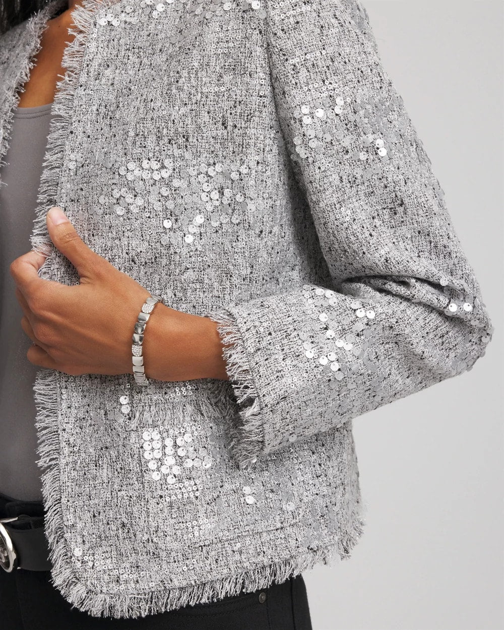 Silver Silver Sequins Tweed Jacket