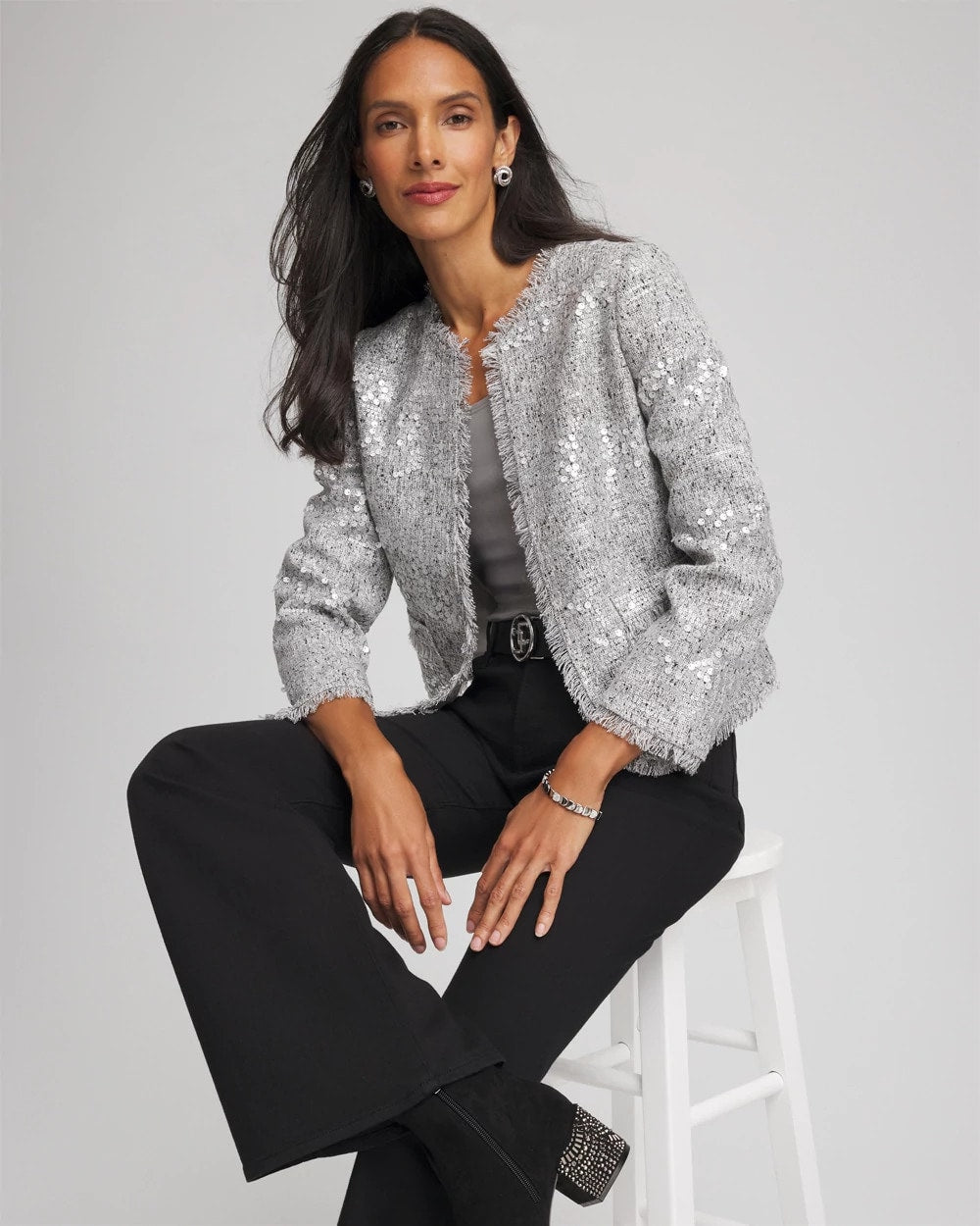 Silver Silver Sequins Tweed Jacket