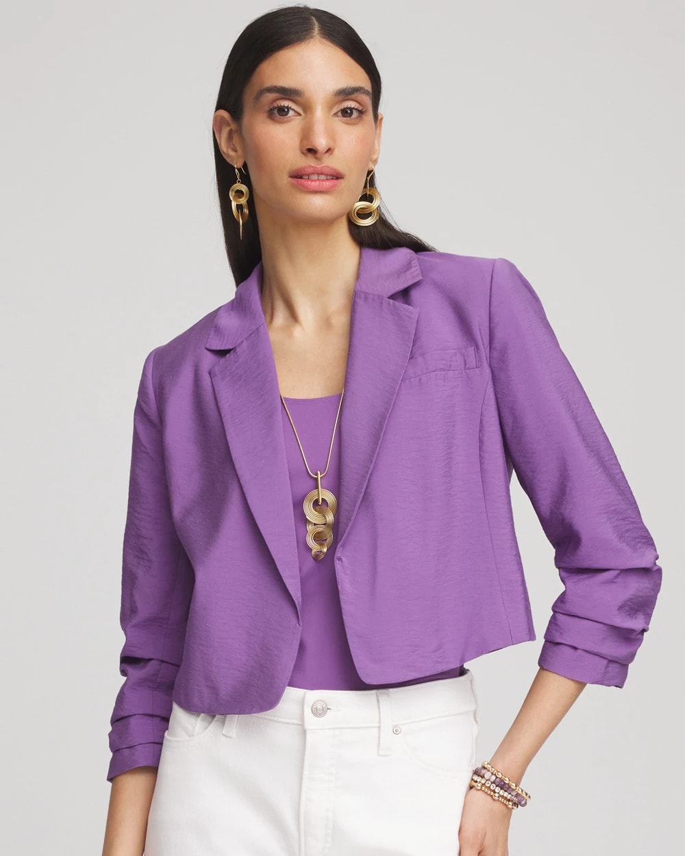Plum Shade Cropped Ruched Sleeve Blazer