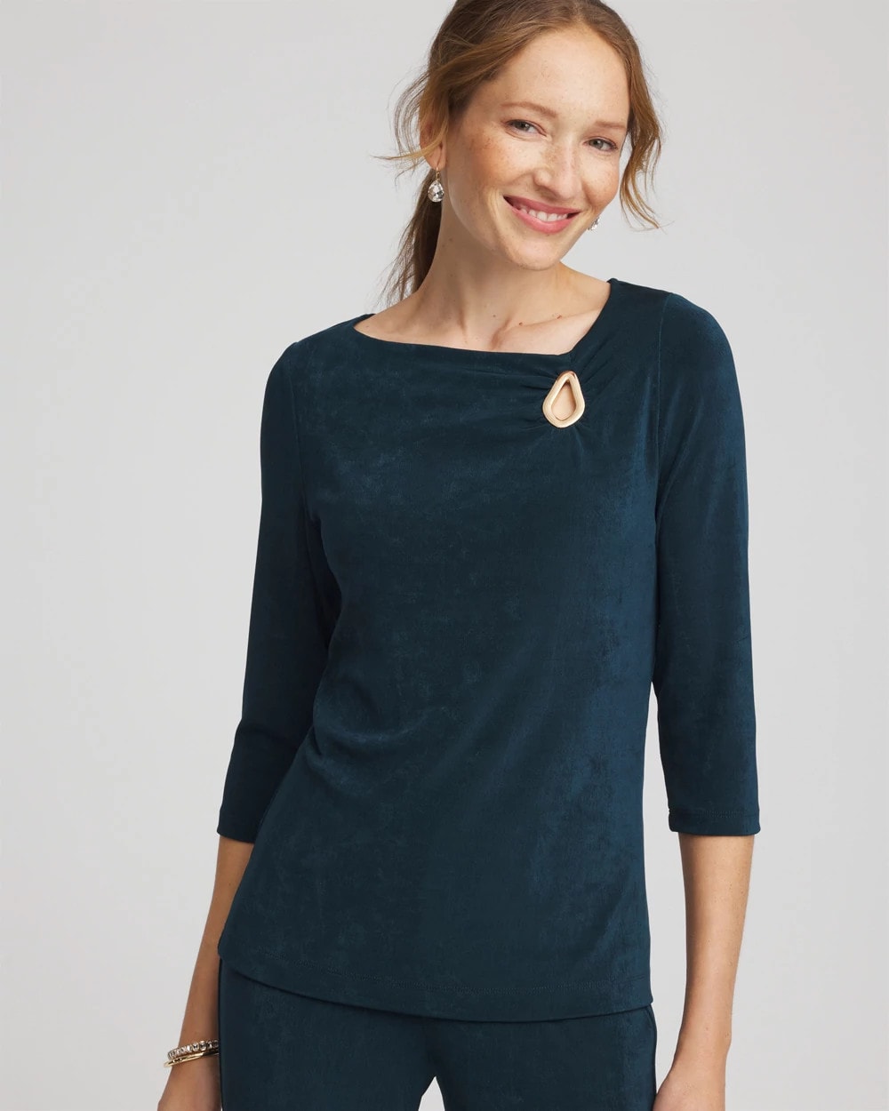 Teal Shadow Travelers™ Asymmetrical 3/4 Sleeve Top