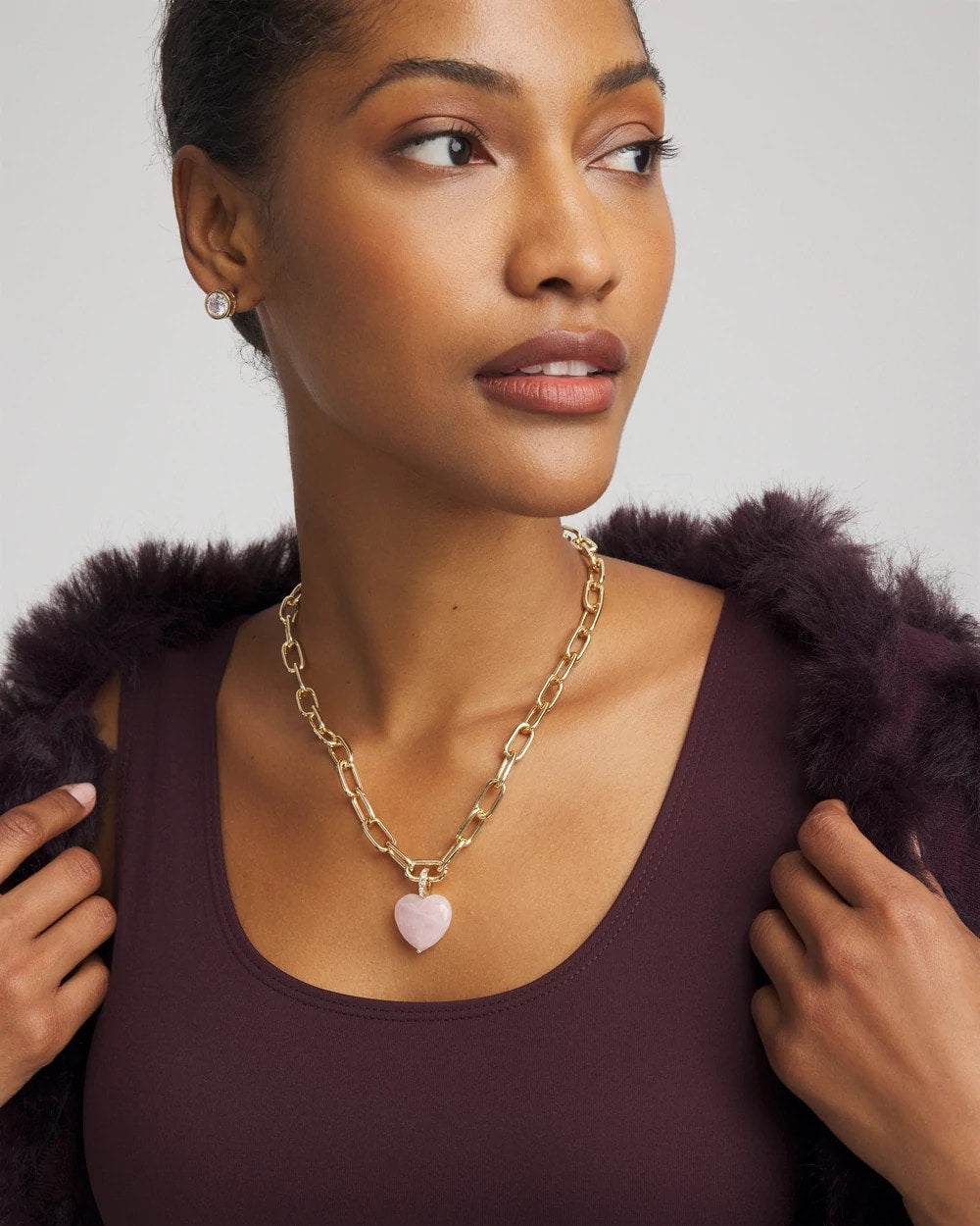 Pink Genuine Quartz Heart Pendant Necklace