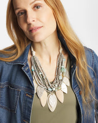 Aqua Multistrand Wood Petal Necklace