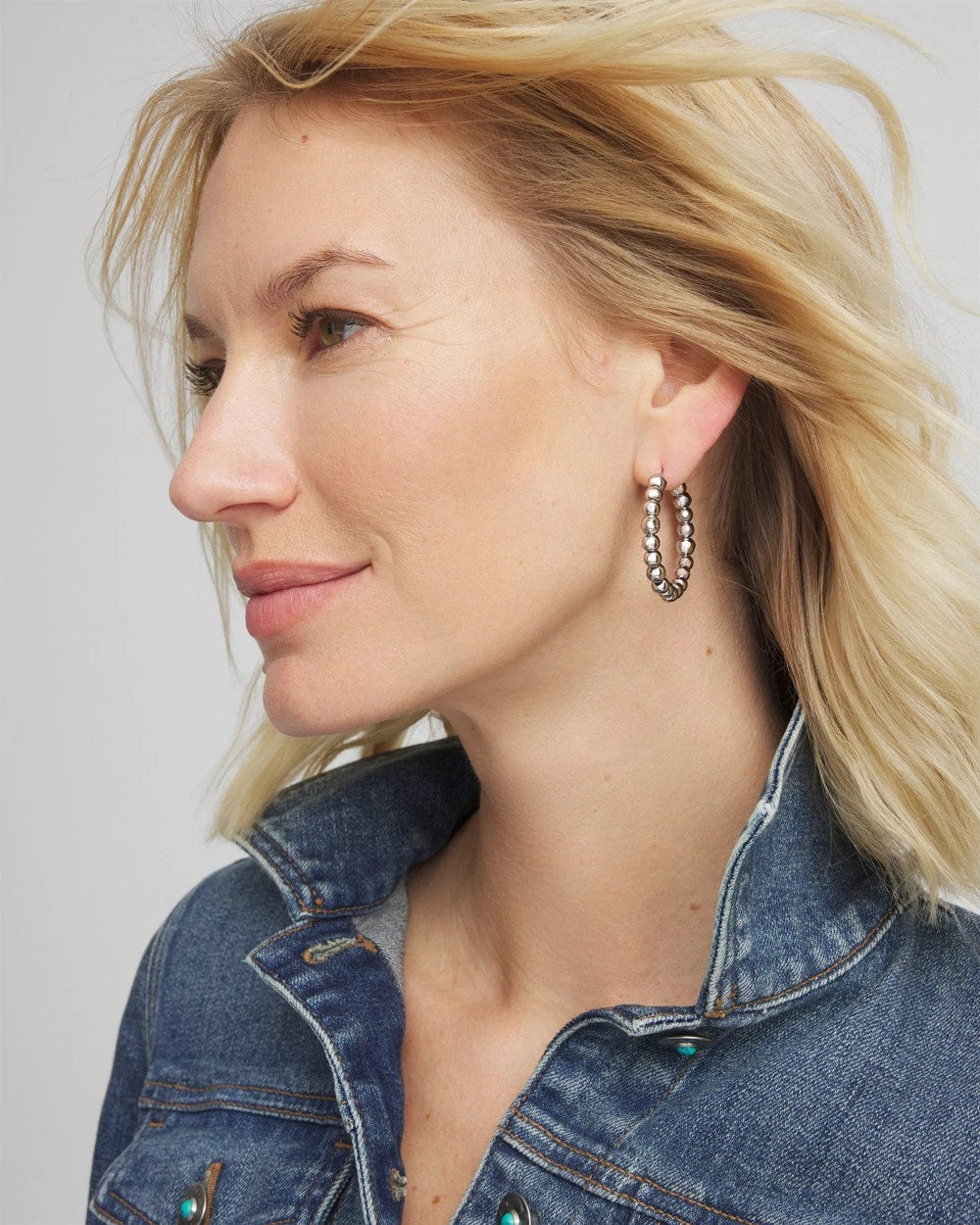 Silver Silvertone Beaded Hoop Earrings