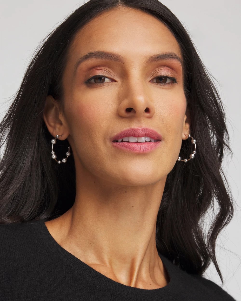Silver Silvertone Beaded Hoop Earrings