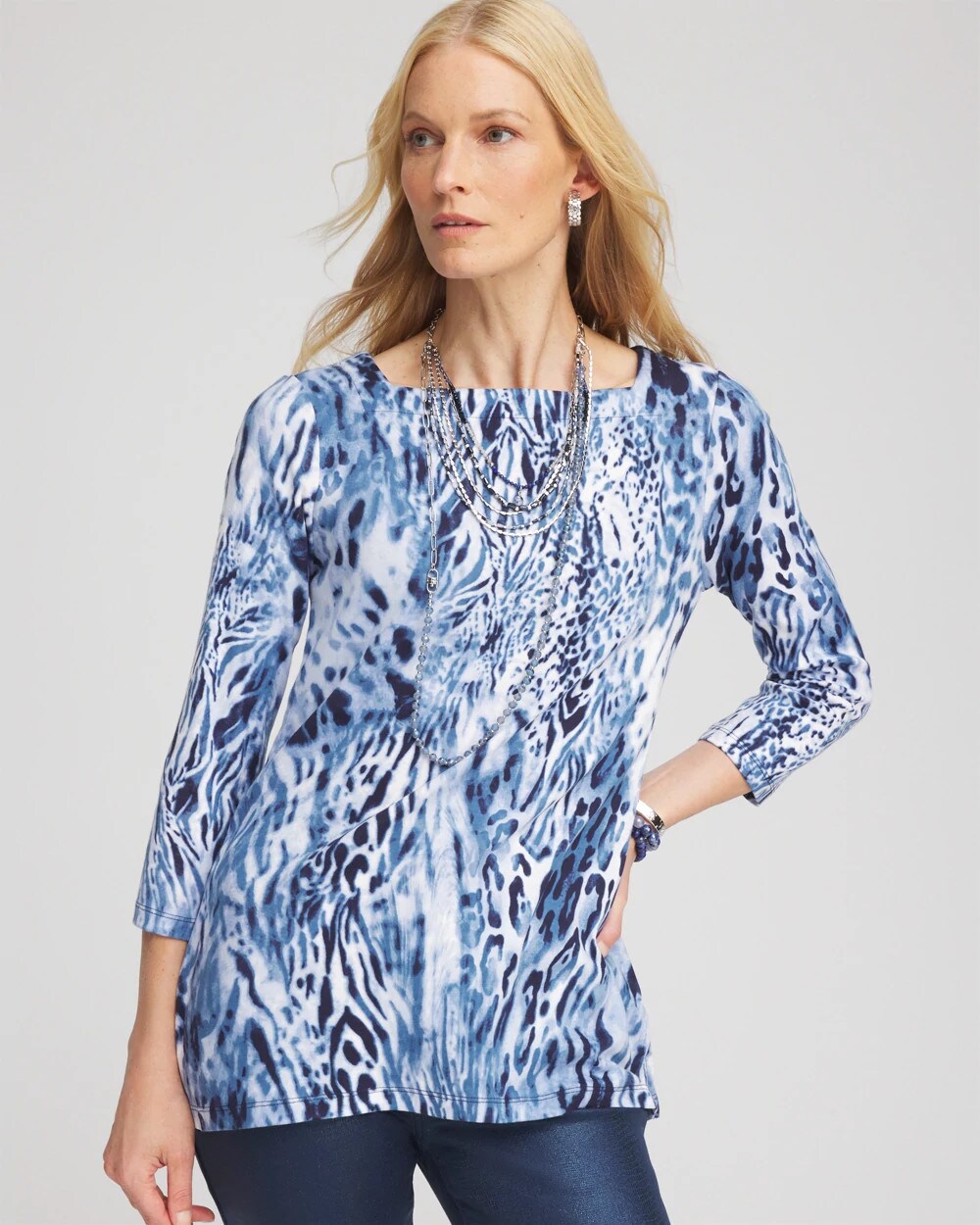 Classic Navy Animal Print Square Neck Tunic